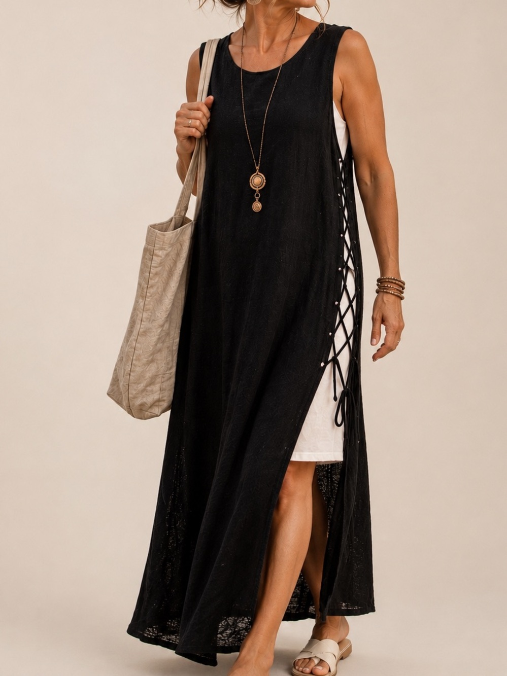 Neon Buddha 2 piece Layered Cotton Maxi Dress XL | Lace-Up Sides |